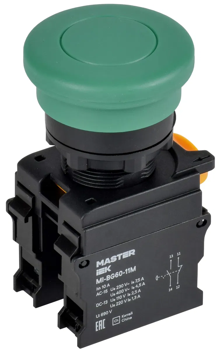 Кнопка "Грибок" без фиксации d=22мм 1NO+1NC зелёная MASTER IEK MI-BG60-11M-3-21-K06