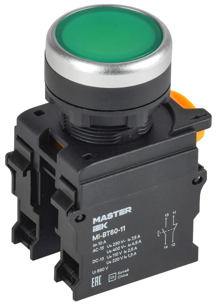 Кнопка d=22мм 1NO+1NC зелёная MASTER IEK MI-BT60-11-3-22-K06