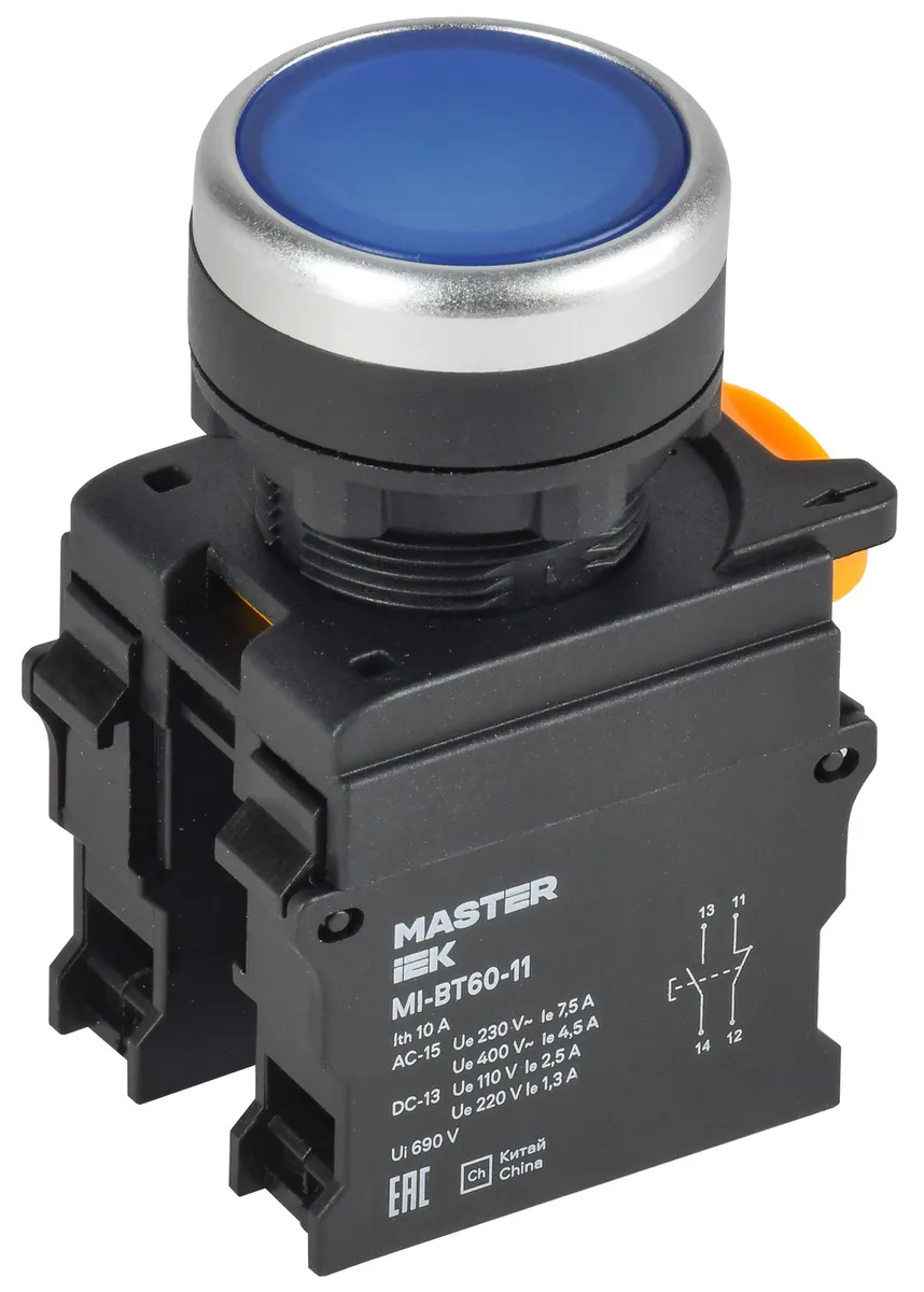 Кнопка d=22мм 1NO+1NC синяя MASTER MI-BT60-11-3-22-K07 IEK
