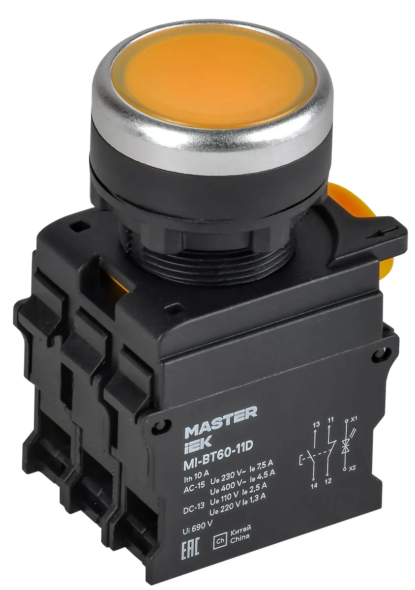 Кнопка с подсветкой d=22мм 1NO+1NC жёлтая MASTER MI-BT60-11D-3-12-K05 IEK