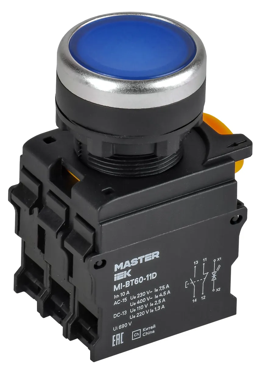 Кнопка с подсветкой d=22мм 1NO+1NC синяя MASTER MI-BT60-11D-3-12-K07 IEK