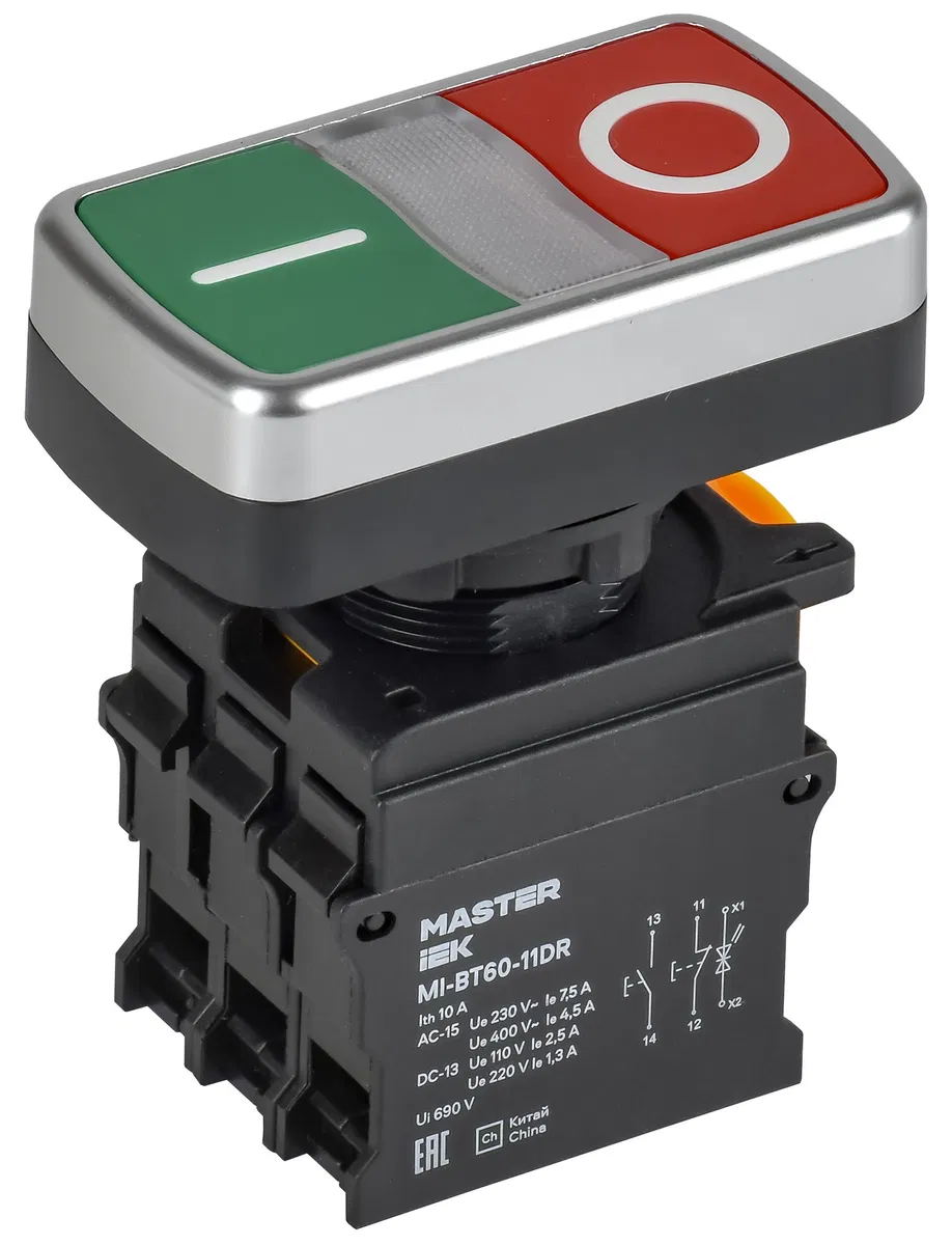 Кнопка "I-O" с подсветкой d=22мм 1NO+1NC MASTER IEK MI-BT60-11DR-3-11-K51