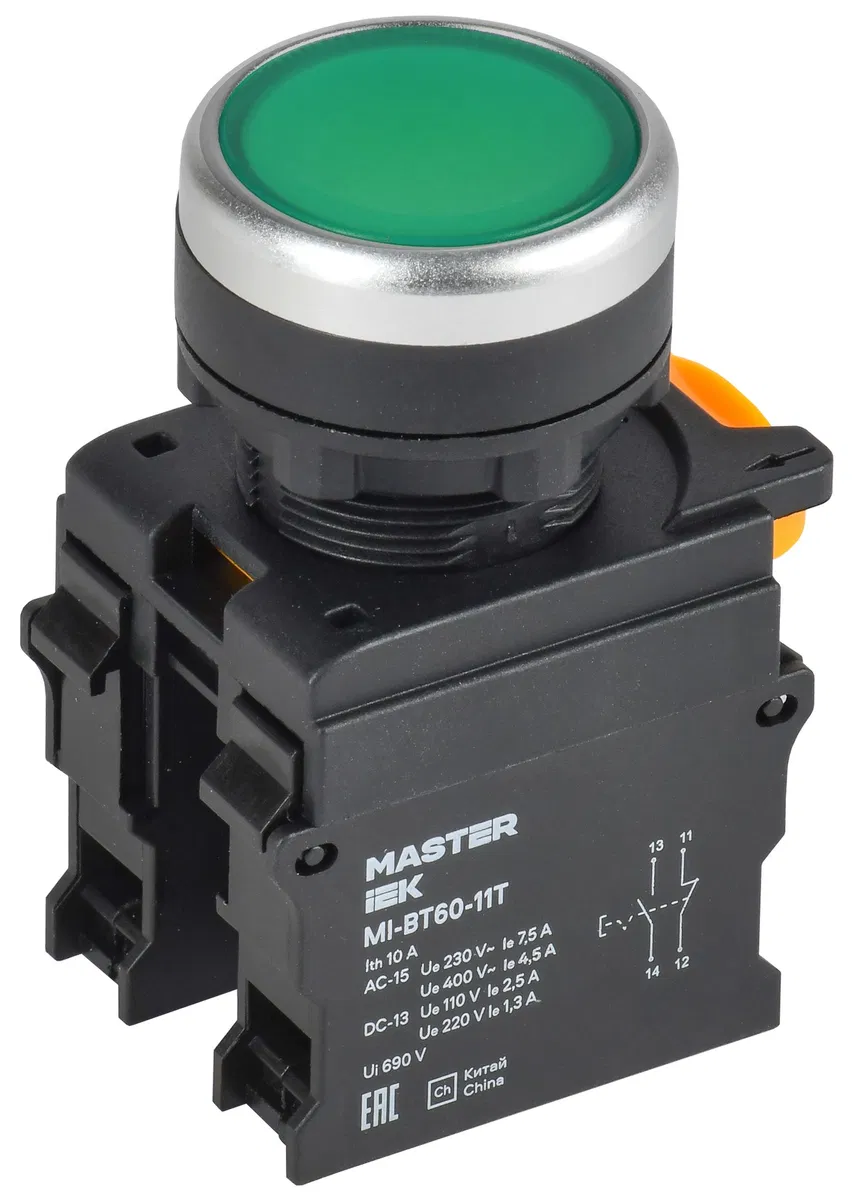 Кнопка с фиксацией d=22мм 1NO+1NC зелёная MASTER IEK MI-BT60-11T-3-21-K06