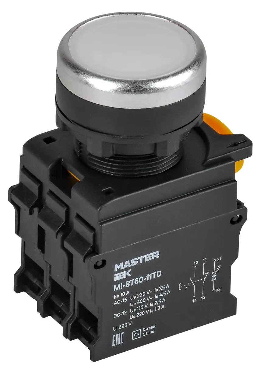 Кнопка с подсветкой и фиксацией d=22мм 1NO+1NC белая MASTER MI-BT60-11TD-3-11-K01 IEK
