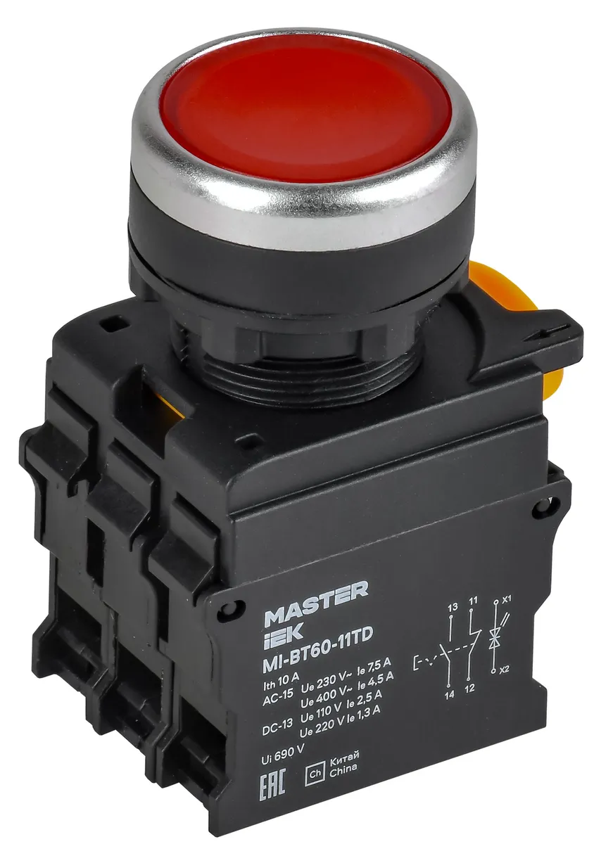 Кнопка с подсветкой и фиксацией d=22мм 1NO+1NC красная MASTER MI-BT60-11TD-3-11-K04 IEK