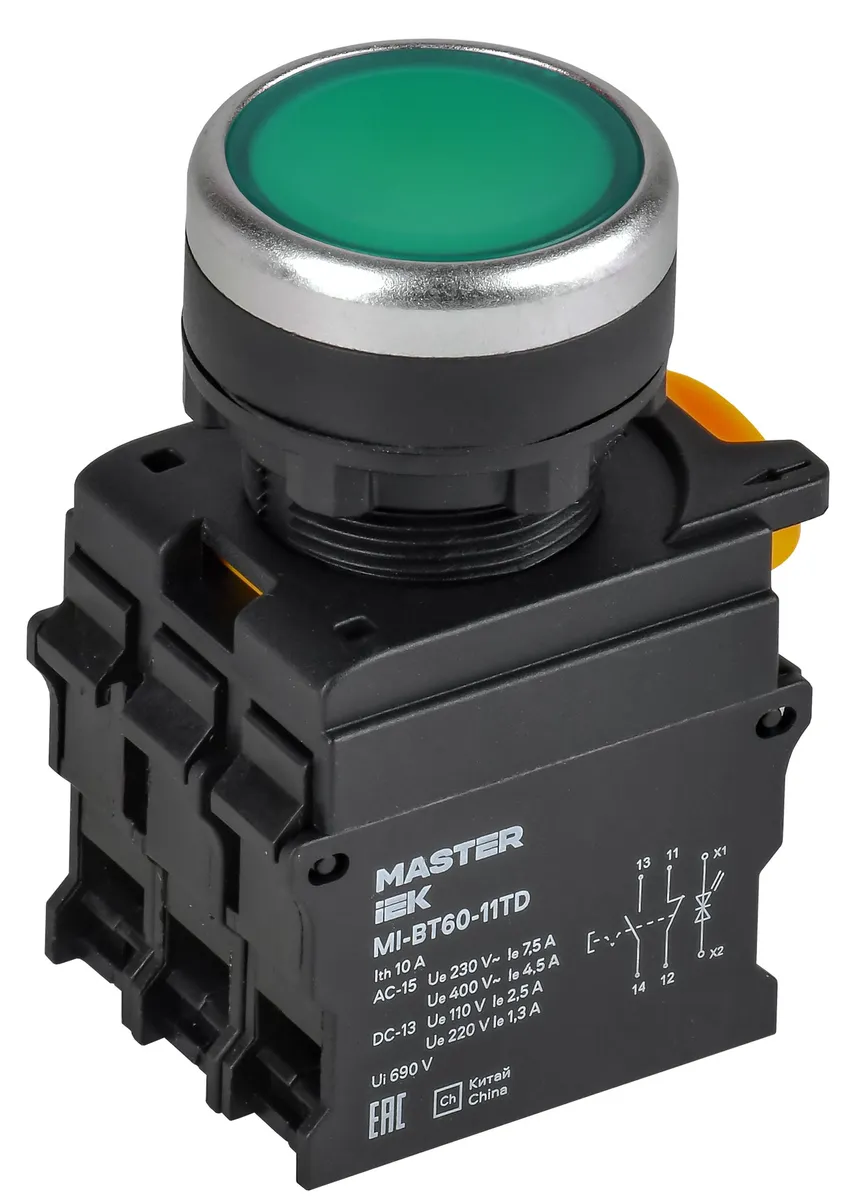 Кнопка с подсветкой и фиксацией d=22мм 1NO+1NC зелёная MASTER MI-BT60-11TD-3-11-K06 IEK