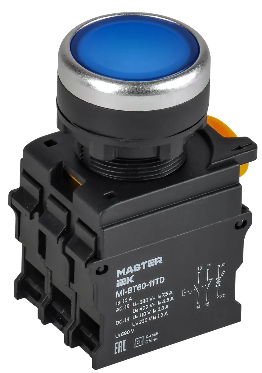 Кнопка с подсветкой и фиксацией d=22мм 1NO+1NC синяя MASTER MI-BT60-11TD-3-11-K07 IEK