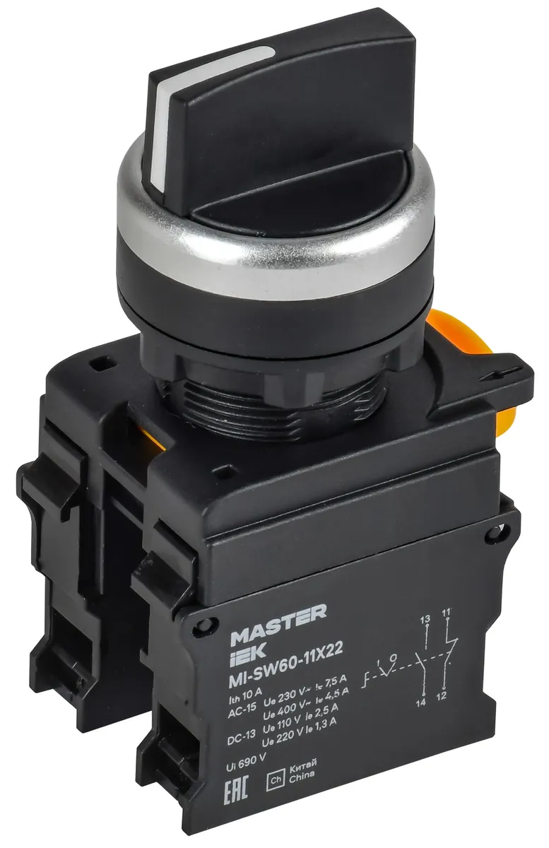 Переключатель на 2 положения возвратный 1NO+1NC чёрный MASTER IEK MI-SW60-11X22-3-24-2-K02 IEK