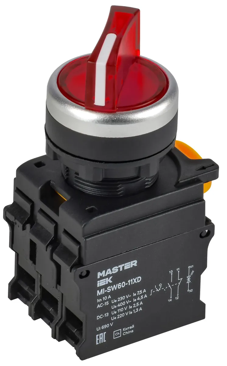 Переключатель с подсветкой на 2 положения 1NO+1NC красный MASTER MI-SW60-11XD-3-14-2-K04 IEK