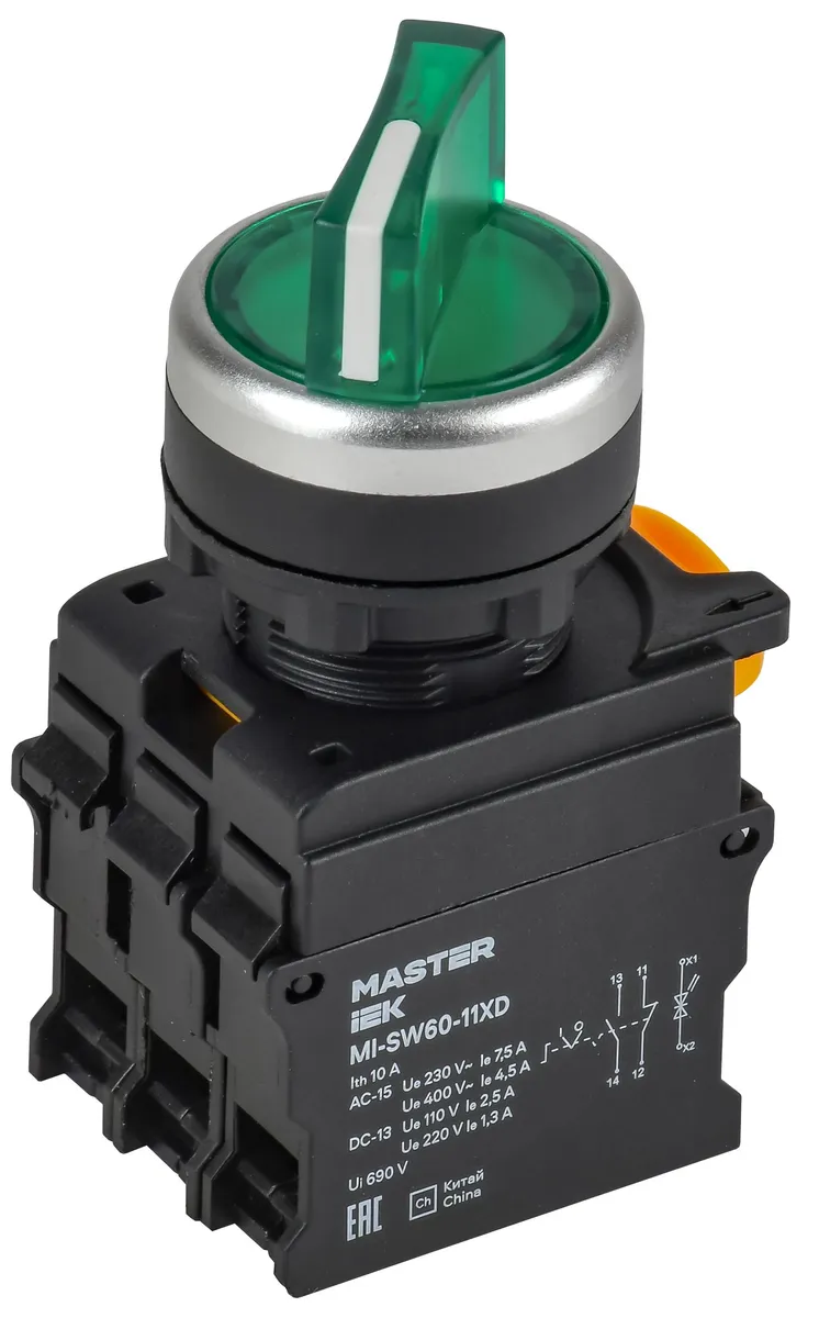 Переключатель с подсвесткой на 2 положения 1NO+1NC зелёный MASTER MI-SW60-11XD-3-14-2-K06 IEK