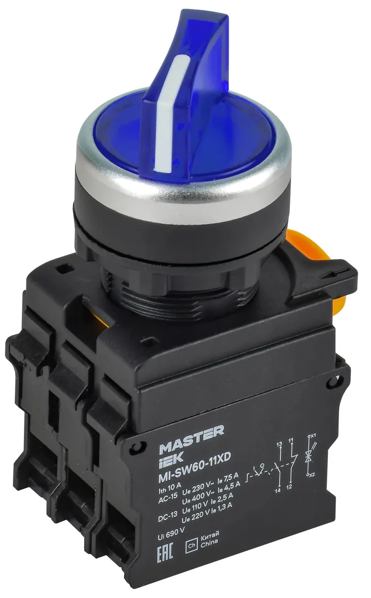 Переключатель с подсветкой на 2 положения 1NO+1NC синий MASTER MI-SW60-11XD-3-14-2-K07 IEK