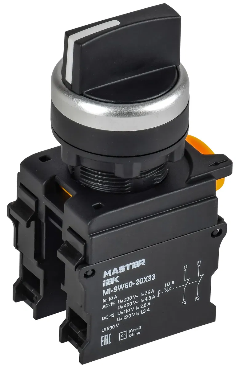 Переключатель на 3 положения возвратный 2NO чёрный MASTER IEK MI-SW60-20X33-5-24-3-K02