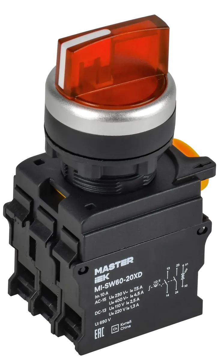 Переключатель с подсветкой на 3 положения 2NO красный MASTER MI-SW60-20XD-4-14-3-K04 IEK