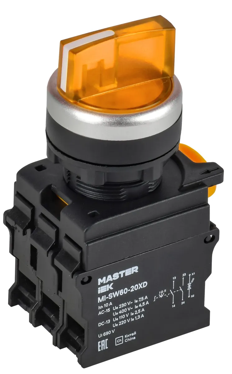 Переключатель с подсветкой на 3 положения 2NO жёлтый MASTER MI-SW60-20XD-4-14-3-K05 IEK