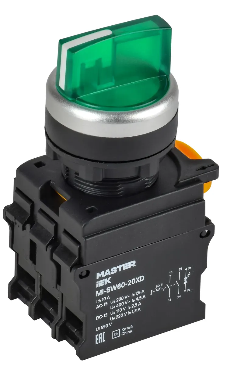 Переключатель с подсветкой на 3 положения 2NO зеленый MASTER MI-SW60-20XD-4-14-3-K06 IEK