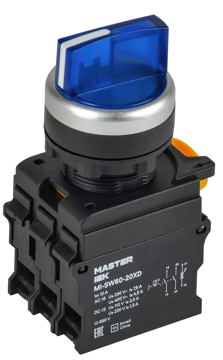 Переключатель с подсветкой на 3 положения 2NO синий MASTER MI-SW60-20XD-4-14-3-K07 IEK