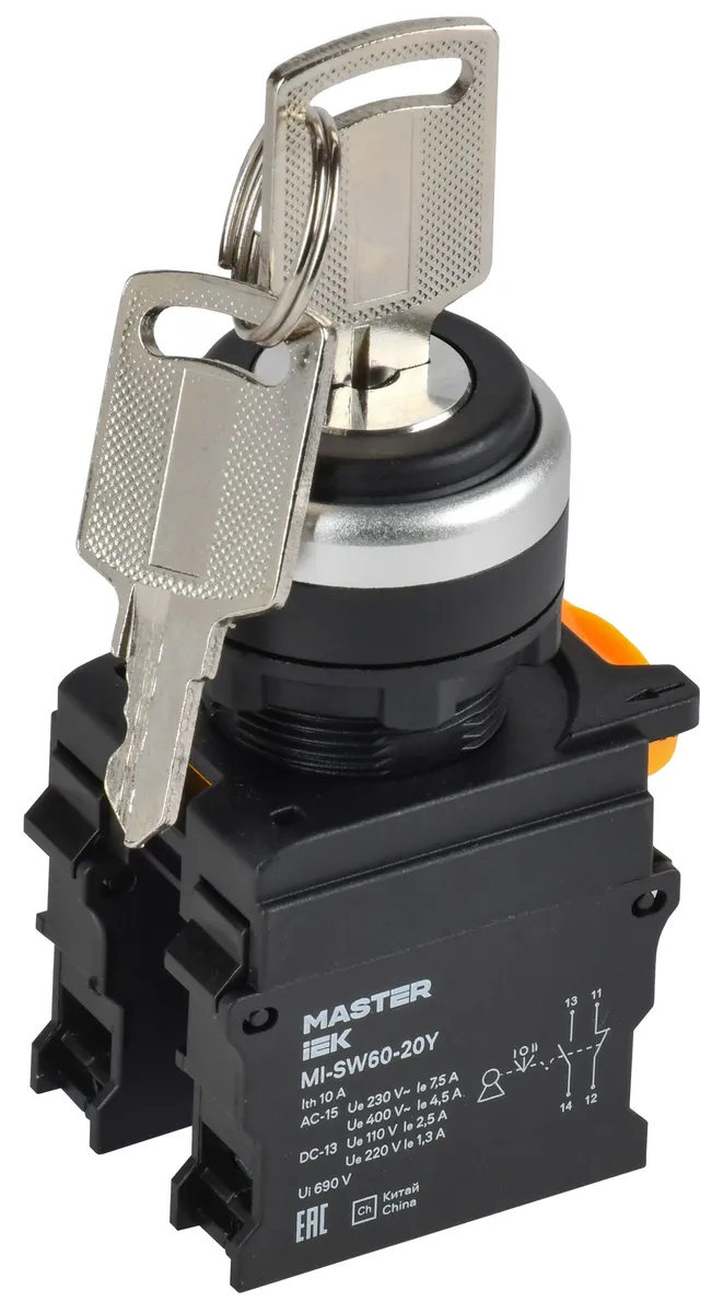 Переключатель с ключом на 3 положения 2NO чёрный MASTER MI-SW60-20Y-3-34-3-K02 IEK