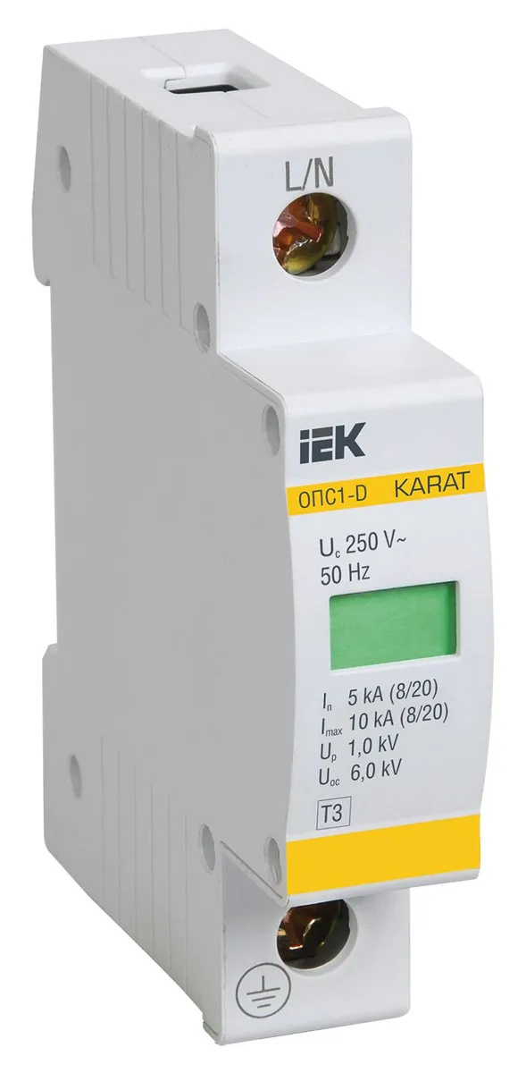 KARAT Ограничитель импульсного перенапряжения ОПС1-D 1P In=5кА Un=230В Im=10кА IEK MOP20-1-D