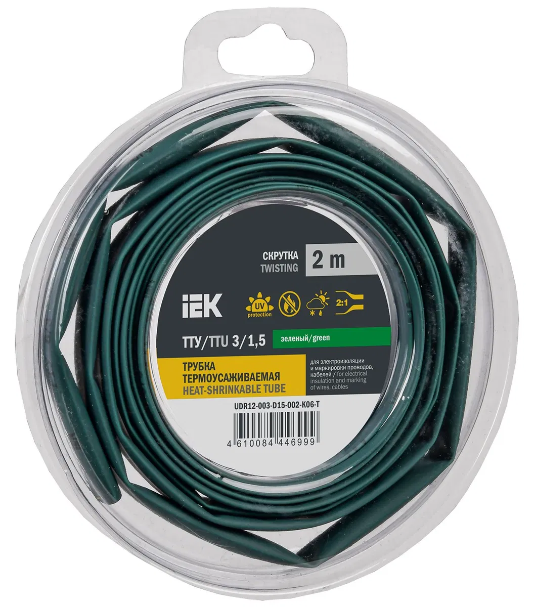 Трубка термоусадочная ТТУ нг-LS 3/1,5 зеленая (2м/упак) IEK UDR12-003-D15-002-K06-T