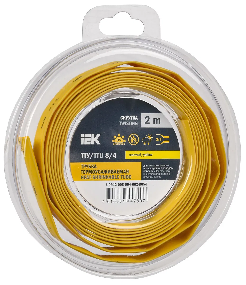 Трубка термоусадочная ТТУ нг-LS 8/4 желтая (2м/упак) IEK UDR12-008-004-002-K05-T