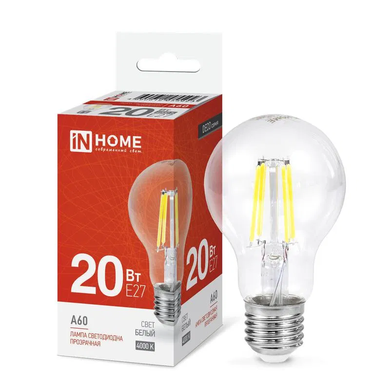 Лампа светодиодная филаментная LED-A60-deco грушевидная прозрачная 20Вт 230В E27 4000К 1890лм IN HOME 4690612055923