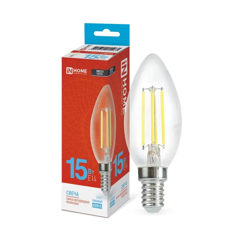 Лампа светодиодная филаментная LED-СВЕЧА-deco свеча прозрачная 15Вт 230В E14 6500К 1455лм IN HOME 4690612055961