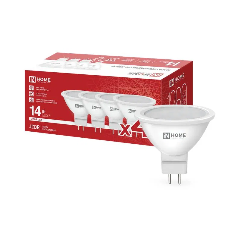 Лампа светодиодная LED-JCDR-VC 4PACK 14Вт 4000К GU5.3 1260лм 230В (уп.4шт) IN HOME 4690612063157