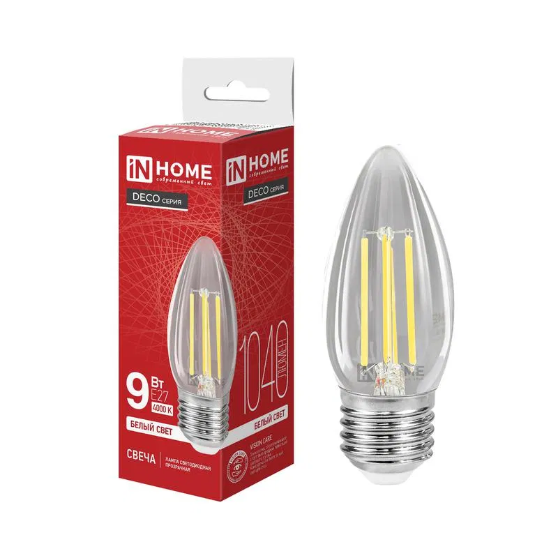 Лампа светодиодная LED-СВЕЧА-deco 9Вт свеча прозрачная 4000К E27 1040лм 230В IN HOME 4690612063256