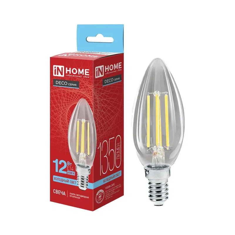 Лампа светодиодная LED-СВЕЧА-deco 12Вт свеча прозрачная 6500К E14 1350лм 230В IN HOME 4690612063287