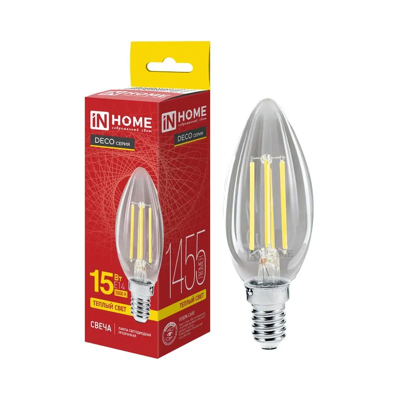 Лампа светодиодная LED-СВЕЧА-deco 15Вт свеча прозрачная 3000К E14 1455лм 230В IN HOME 4690612063294