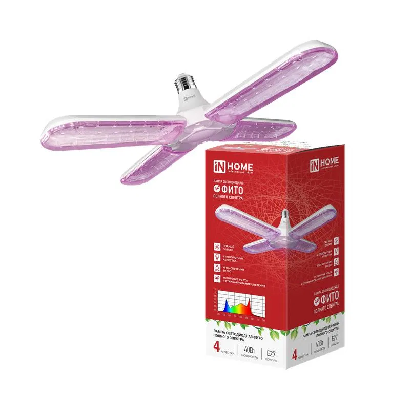 Лампа светодиодная LED-HP 40STD-ФИТО 40Вт красн./син. спектр E27 В230 четыре лепестка IN HOME 4690612066936