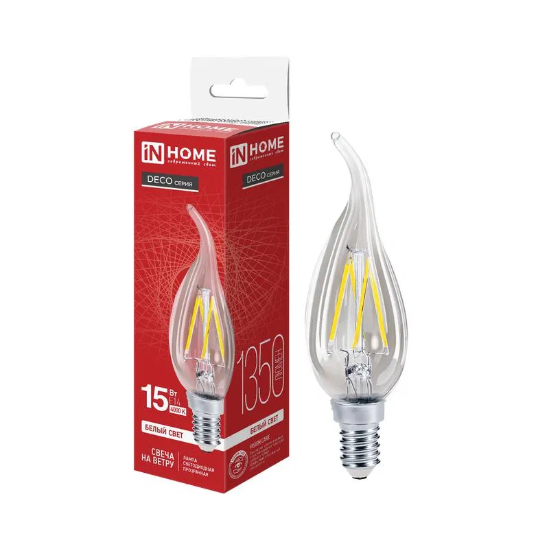 Лампа светодиодная LED-СВЕЧА НА ВЕТРУ-deco 15Вт свеча на ветру прозр. 4000К E14 1455лм 230В IN HOME 4690612067063