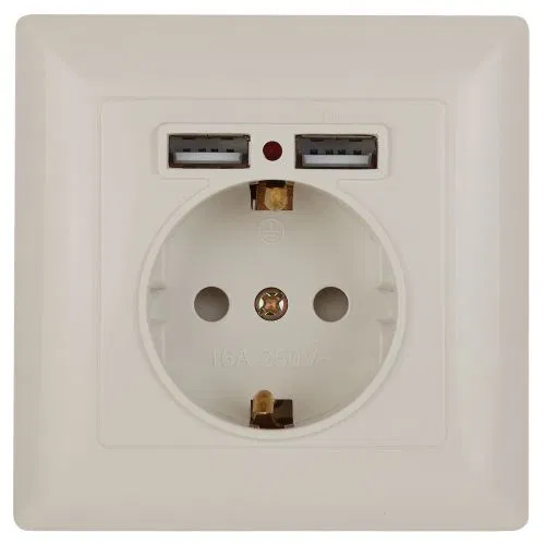 Розетка 1-м СП Solo 4-410-02 16А IP20 250В 2хUSB P+E Schuko с заземл. защ. шторки слон. кость Intro Б0053714