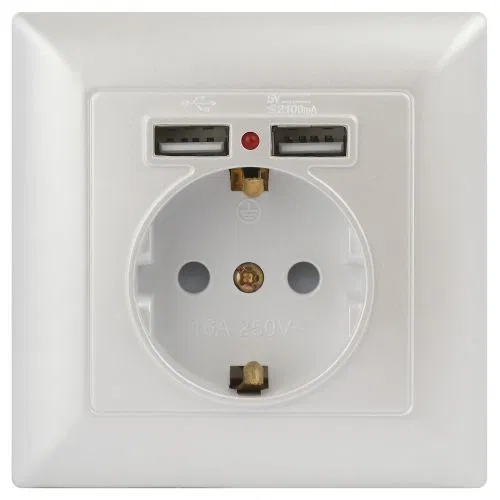 Розетка 1-м СП Solo 4-410-06 P+E Schuko 16А 250В + 2хUSB IP20 с заземл. защ. шторки перламутр Intro Б0053718