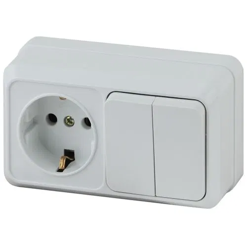 Блок ОП Quadro 2-702-01 (1-м розетка + 2-кл. выкл.) 10(16)А IP20 250В горизонт. бел. Intro Б0053873