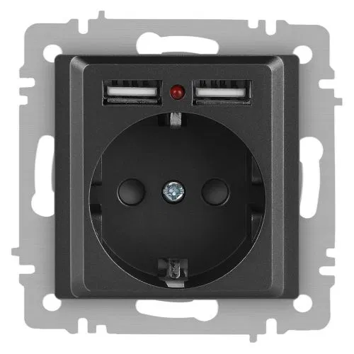 Розетка 1-м СП Accent 6-410-07 16А IP20 250В P+E Schuko + 2хUSB защ. шторки графит Intro Б0063702