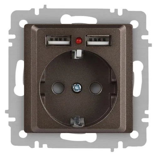 Розетка 1-м СП Accent 6-410-08 16А IP20 250В P+E Schuko + 2хUSB защ. шторки бронза Intro Б0063704