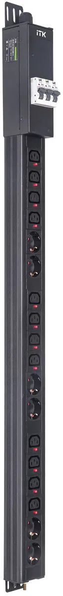 ITK BASE PDU вертикальный PV1114 24U 3 фазы 16А 6 розеток SCHUKO (немецкий стандарт) + 12 розеток C13 с клеммной колодкой и кабелем 3м вилка IEC60309 (промышленная) BS-PV-43-12C13-06D-14