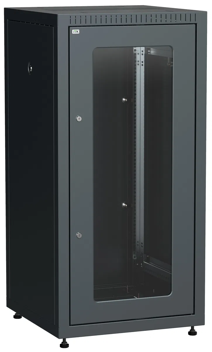 ITK LINEA E Шкаф напольный сетевой 19" 18U 600х600мм стеклянная передняя дверь задняя металлическая черный LE05-18U66-GM