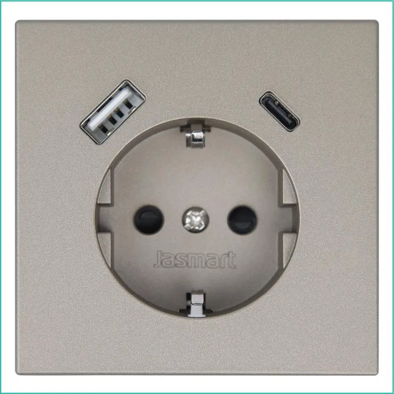 Розетка СП FD Shuko 16А с заземл. защ. шторки с 2-мя заряд. устр. USB тип A+C 25Вт механизм бронза Jasmart FD5501USB-25BR