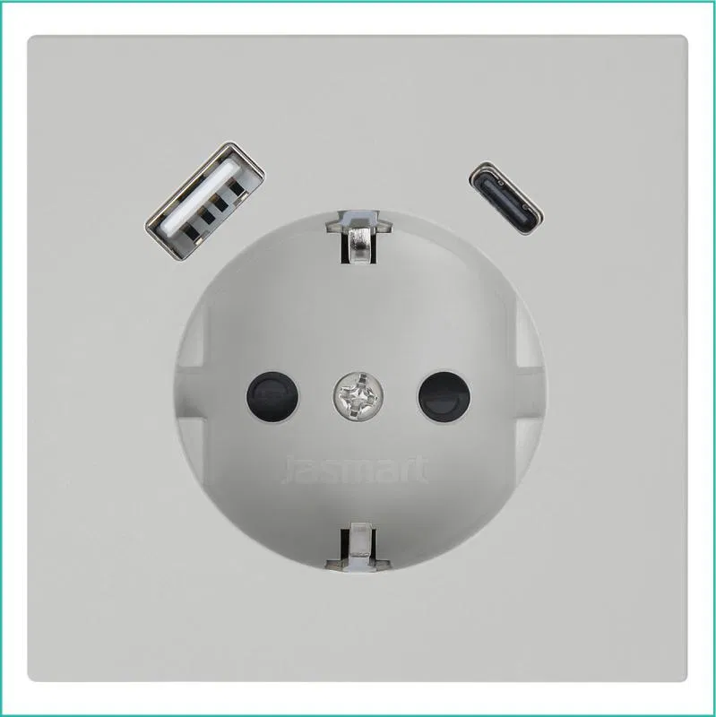 Розетка СП FD Shuko 16А с заземл. защ. шторки с 2-мя заряд. устр. USB тип A+C 25Вт механизм тауп матов. soft touch Jasmart FD5501USB-25PTM