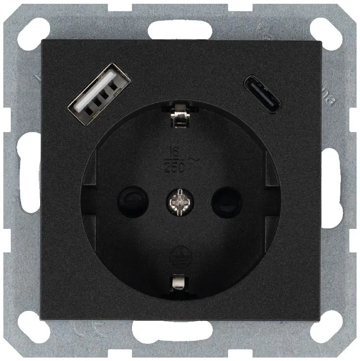 Розетка Shuko 16А с заземл. защ. шторки с 2-мя заряд. устройствами USB тип A+C 25Вт механизм антрацит Jasmart G5501USB-25B
