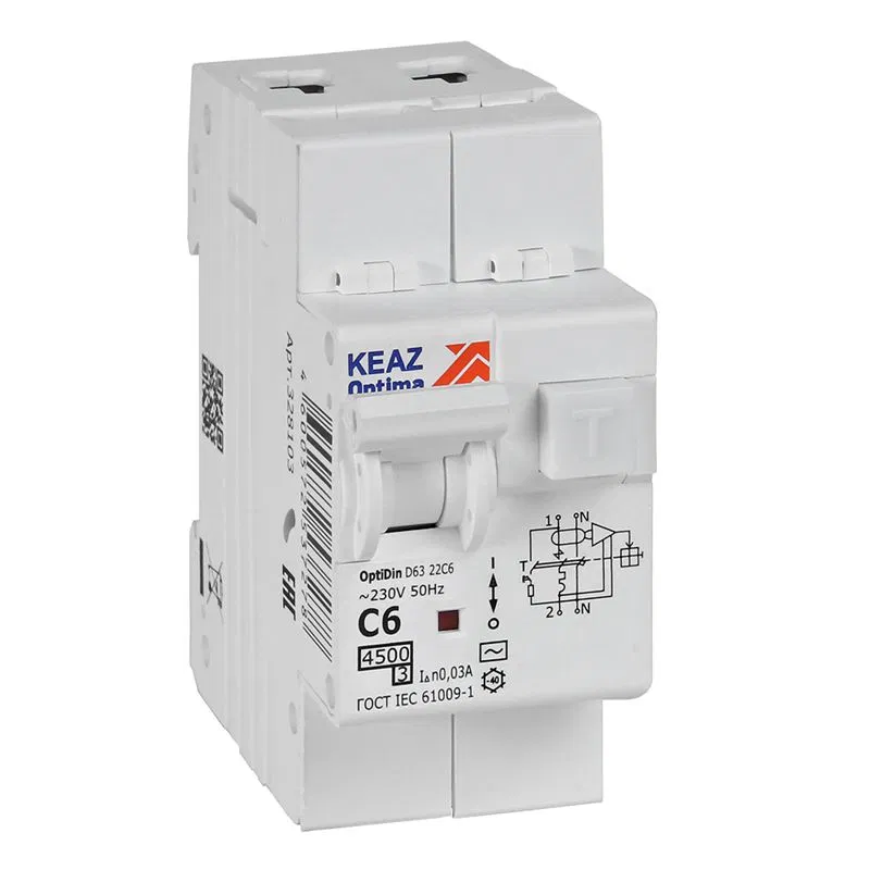 Выключатель автоматический дифференциального тока 2п OptiDin D63-22C6-AC-У3 C6 30мА 4.5кА с защитой от сверхтоков КЭАЗ 328103