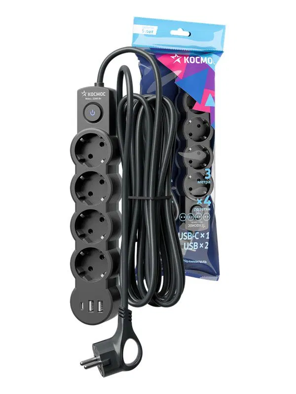 Удлинитель 3х3м с заземл. 10А IP20 USB 2500Вт 220В ПВС 3х1 с выкл. черн. КОСМОС YKsm3m4g-Z-VU10А-B YKsm3m4g-Z-VU10A-B