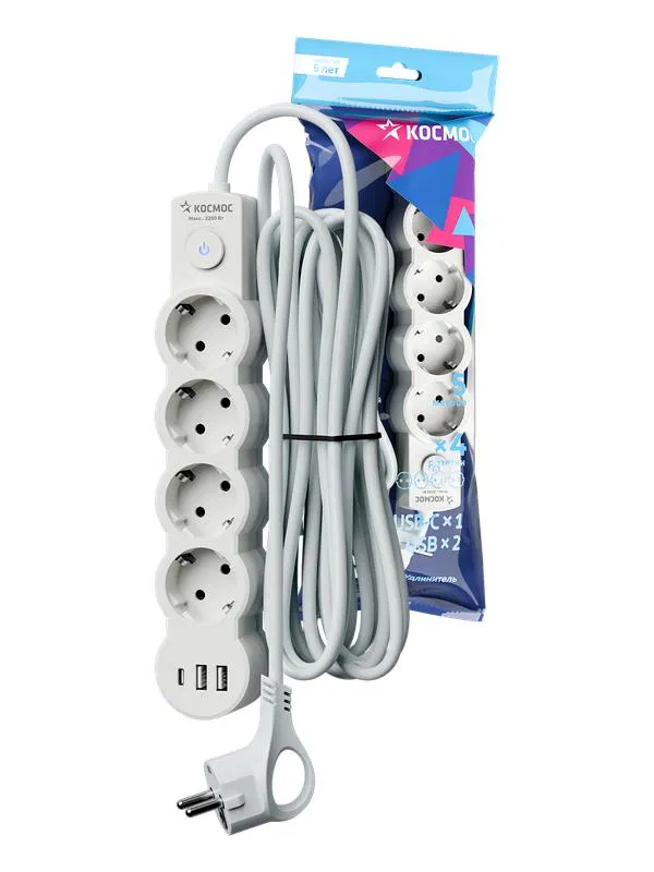 Удлинитель 3х5м с заземл. 10А IP20 USB 2500Вт 220В ПВС 3х1 с выкл. бел. КОСМОС YKsm5m4g-Z-VU10А-W YKsm5m4g-Z-VU10A-W