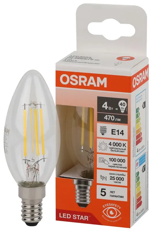 Лампа светодиодная филаментная LS CLB40 4W/840 230VFILCL 4Вт 4000К нейтр. бел. E14 470лм B угол пучка 300град. 220-240В (замена 40Вт) прозр. стекло OSRAM 4058075684157 LEDVANCE