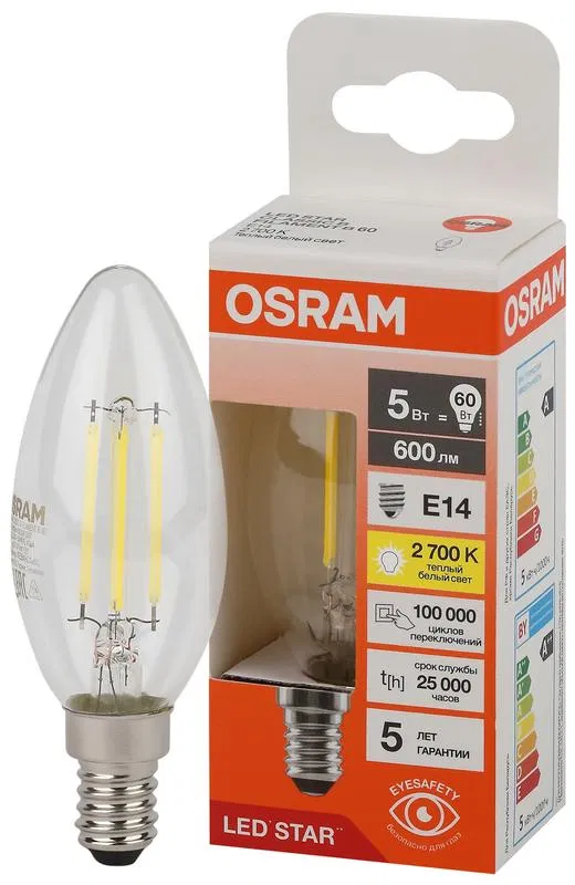 Лампа светодиодная филаментная LSCLB60 5W/827 230VFILCL 5Вт 2700К тепл. бел. E14 600лм B угол пучка 300град. 220-240В (замена 60Вт) прозр. стекло OSRAM 4058075684577 LEDVANCE