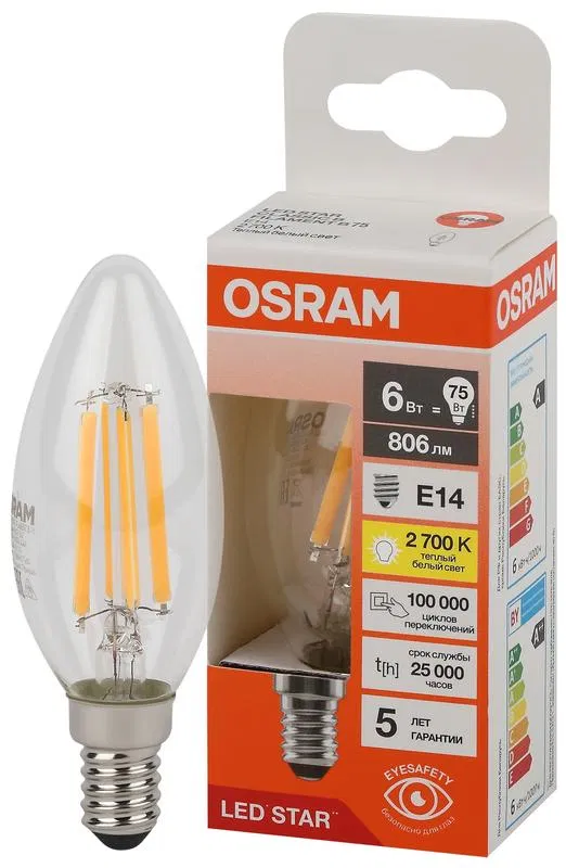 Лампа светодиодная филаментная LSCLB75 6W/827 230VFILCL 6Вт 2700К тепл. бел. E14 806лм B угол пучка 300град. 220-240В (замена 75Вт) прозр. стекло OSRAM 4058075684812 LEDVANCE