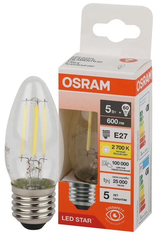 Лампа светодиодная филаментная LSCLB60 5W/827 230VFILCL 5Вт 2700К тепл. бел. E27 600лм B угол пучка 300град. 220-240В (замена 60Вт) прозр. стекло OSRAM 4058075684874 LEDVANCE