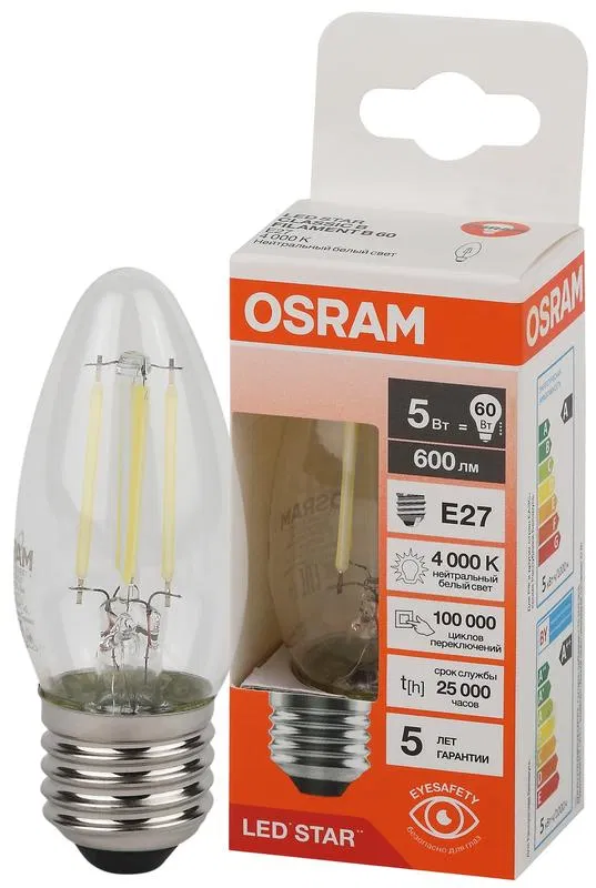 Лампа светодиодная филаментная LSCLB60 5W/840 230VFILCL 5Вт 4000К нейтр. бел. E27 600лм B угол пучка 300град. 220-240В (замена 60Вт) прозр. стекло OSRAM 4058075684904 LEDVANCE
